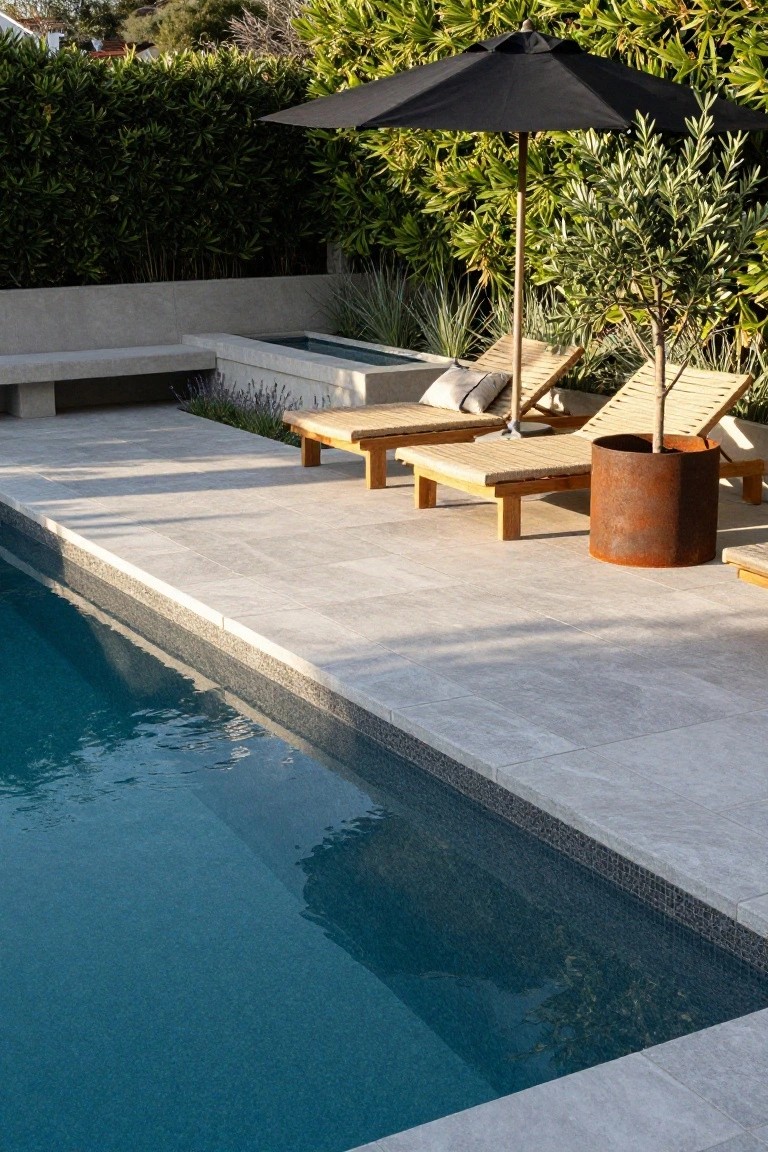 Light gray paver pool deck bordering a rectangular blue inground pool, with wooden chaise lounges, black umbrella, rust planter with olive tree, and greenery backdrop.