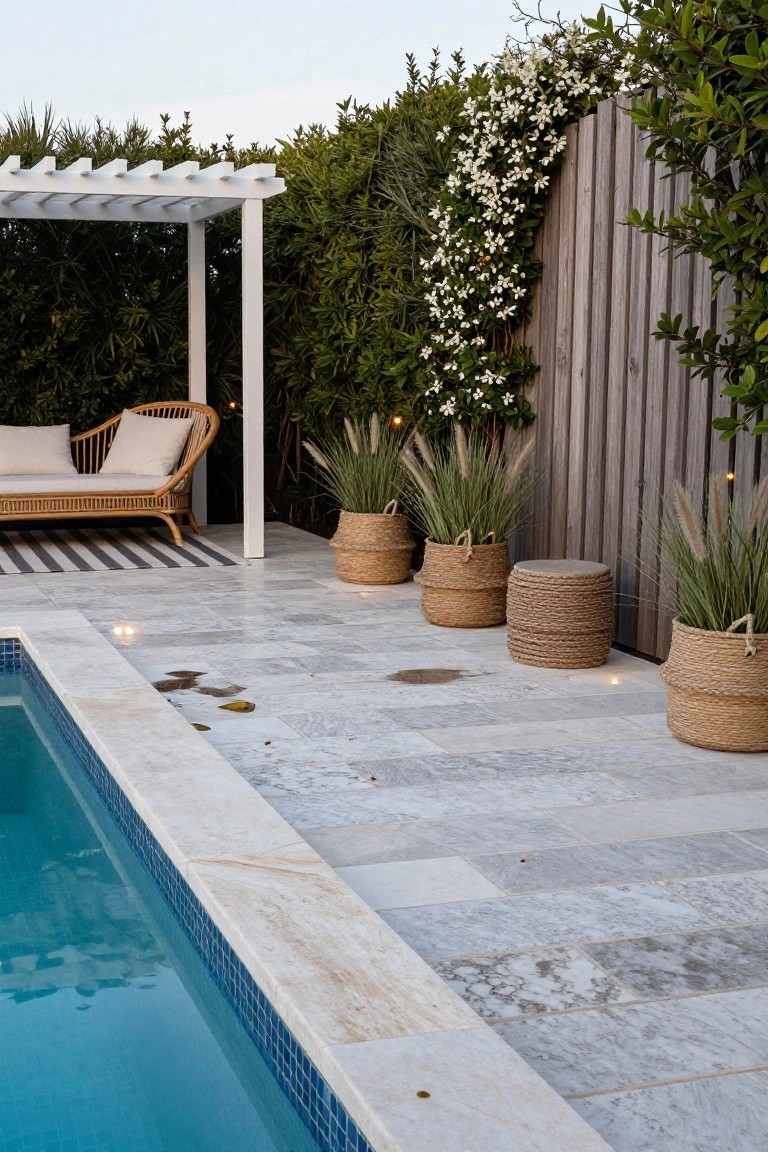 Pool deck of light gray veined stone pavers beside a blue inground pool with blue tiles, white pergola with rattan lounge chair and cushions, seagrass basket planters holding tall grasses, wooden fence backdrop with green hedges and white flowering vines.