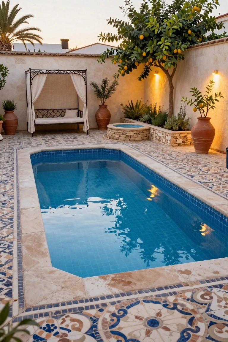 Inground rectangular pool with blue tiles, surrounded by beige stone coping and intricate blue, white, and beige patterned mosaic tile decking in a courtyard with citrus trees, potted plants, and a daybed.