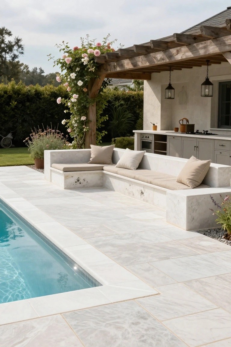 Light veined stone paver pool deck with built-in low white stone benches topped by beige cushions, next to a turquoise rectangular inground pool, under a wooden pergola draped in pink climbing roses, with an adjacent outdoor kitchen and landscaping.