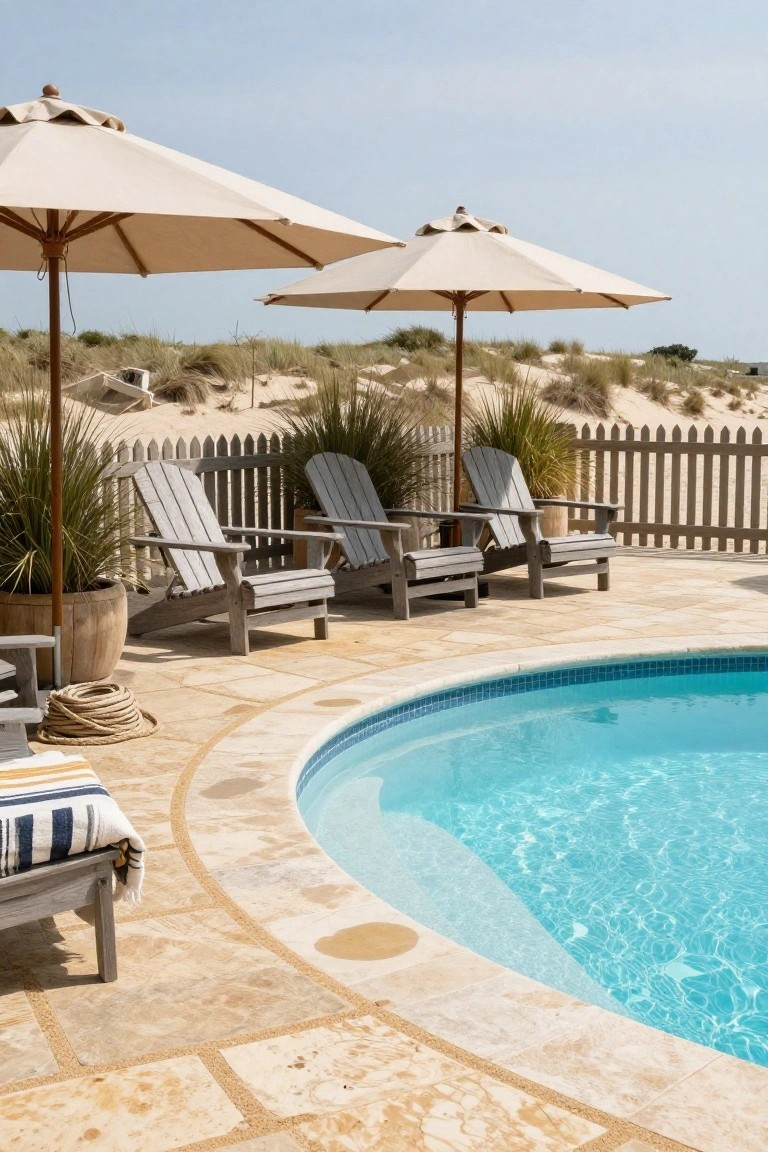 Curved inground pool with beige irregular stone paver decking, wooden Adirondack chairs under beige umbrellas, potted plants, rope coil, and striped towel on a lounge chair, with dune grass and white picket fence in the background.
