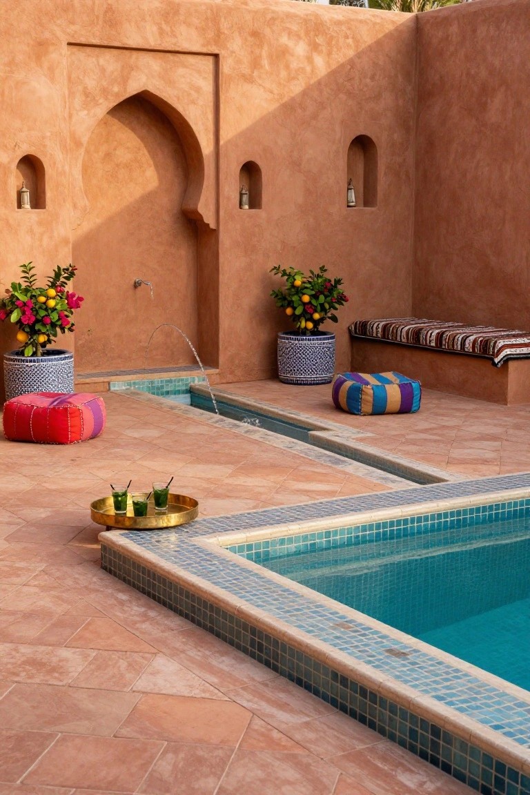 Terracotta tiled outdoor courtyard with inground turquoise mosaic pool, orange stucco walls with arched doorway and niches, potted plants with lemons and flowers, colorful poufs and bench seating, small fountain, and brass tray with mint tea glasses on the deck.