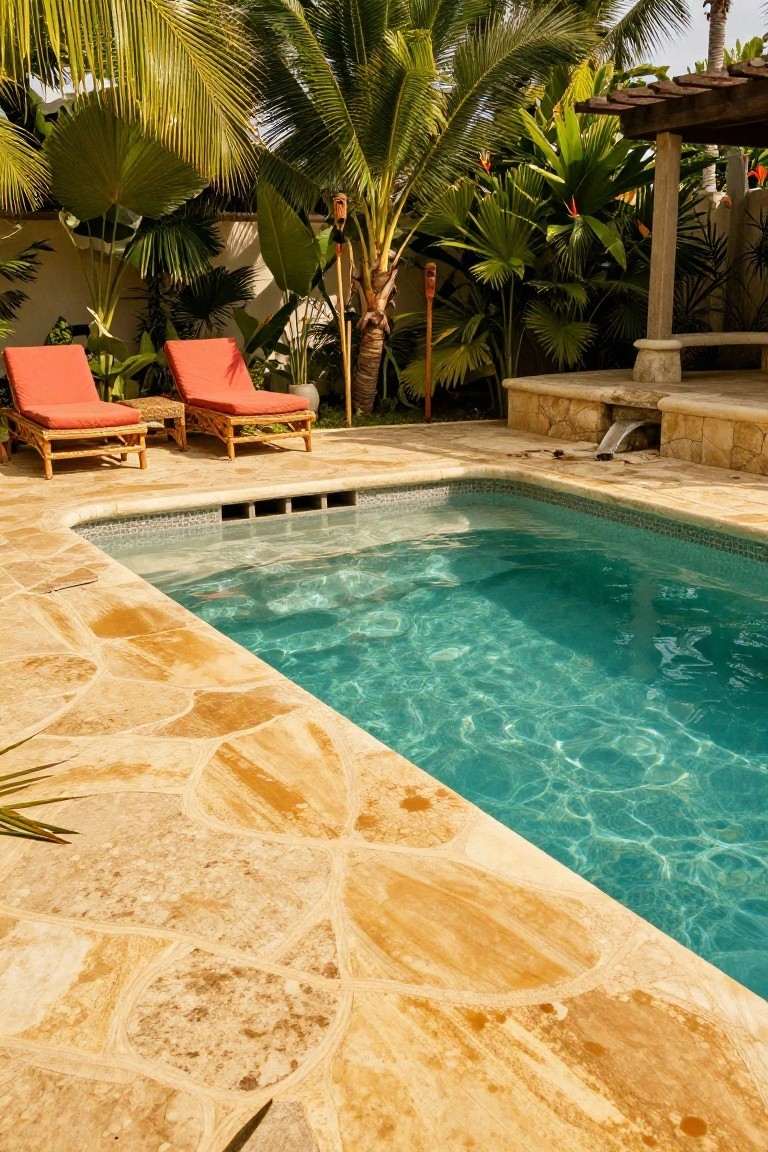Inground pool with turquoise water bordered by light beige travertine pavers, two red-cushioned wooden lounge chairs nearby, and lush tropical plants including palms in the background.