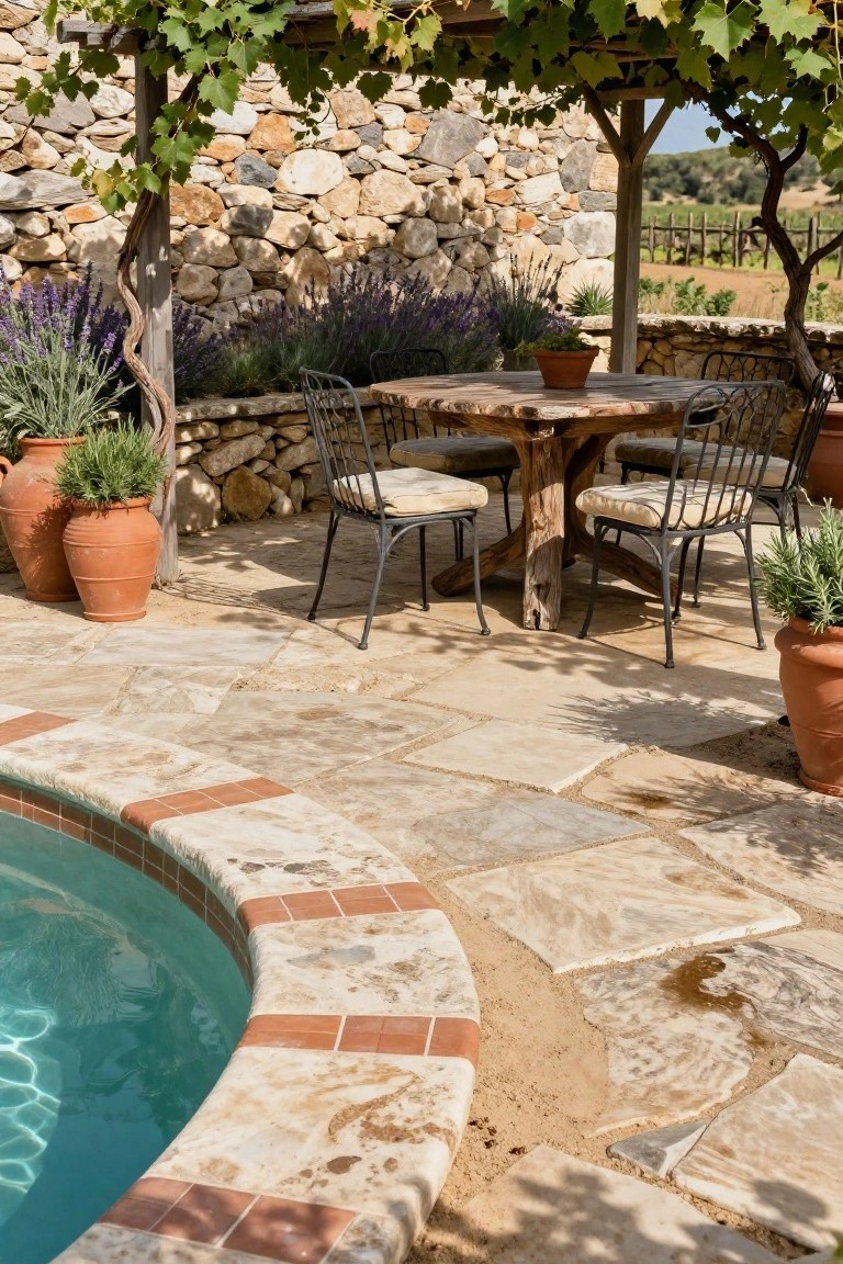 Rustic stone patio with wooden table, chairs, pool, and lavender plants.