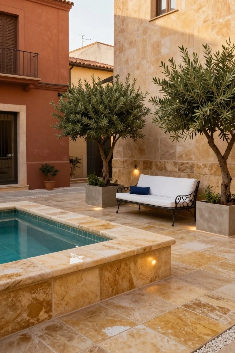 Inground turquoise pool with beige textured stone paver decking, white cushioned loveseat on black wrought iron frame nearby, olive trees in concrete planters, and surrounding ochre and beige stucco walls.