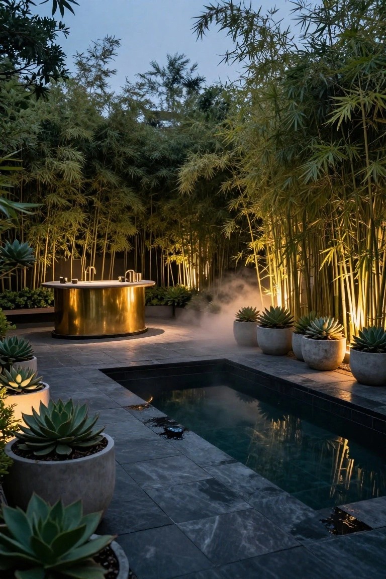 A small rectangular pool surrounded by dense bamboo screens with uplighting, potted agave plants, ground mist, and a gold cylindrical tub structure on a dark stone patio at dusk.