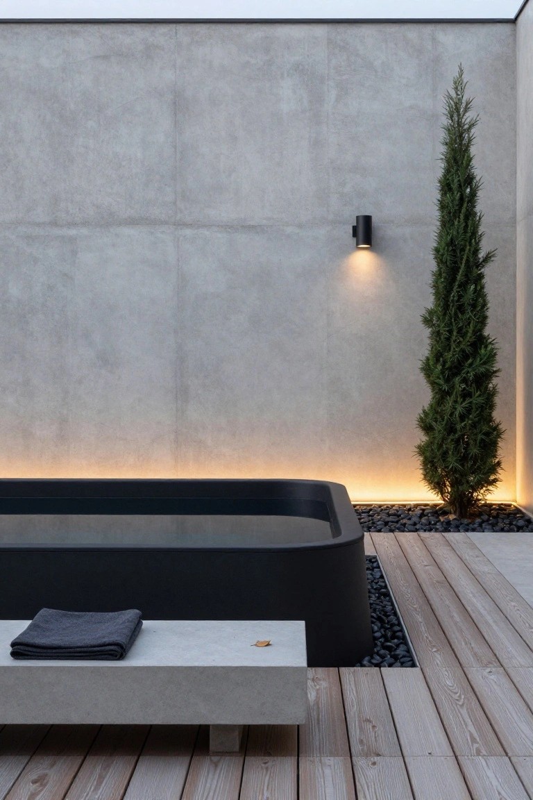 Black stock tank pool with LED edge lighting sits in a black pebble surround next to a tall cypress tree, concrete bench on wooden deck, wall-mounted light on concrete wall.