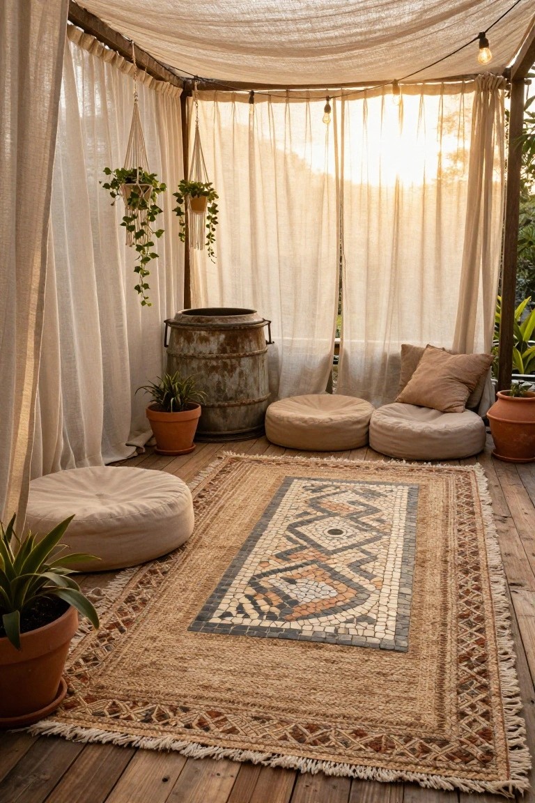 Bohemian patio with woven rug, cushions, hanging plants, and string lights.