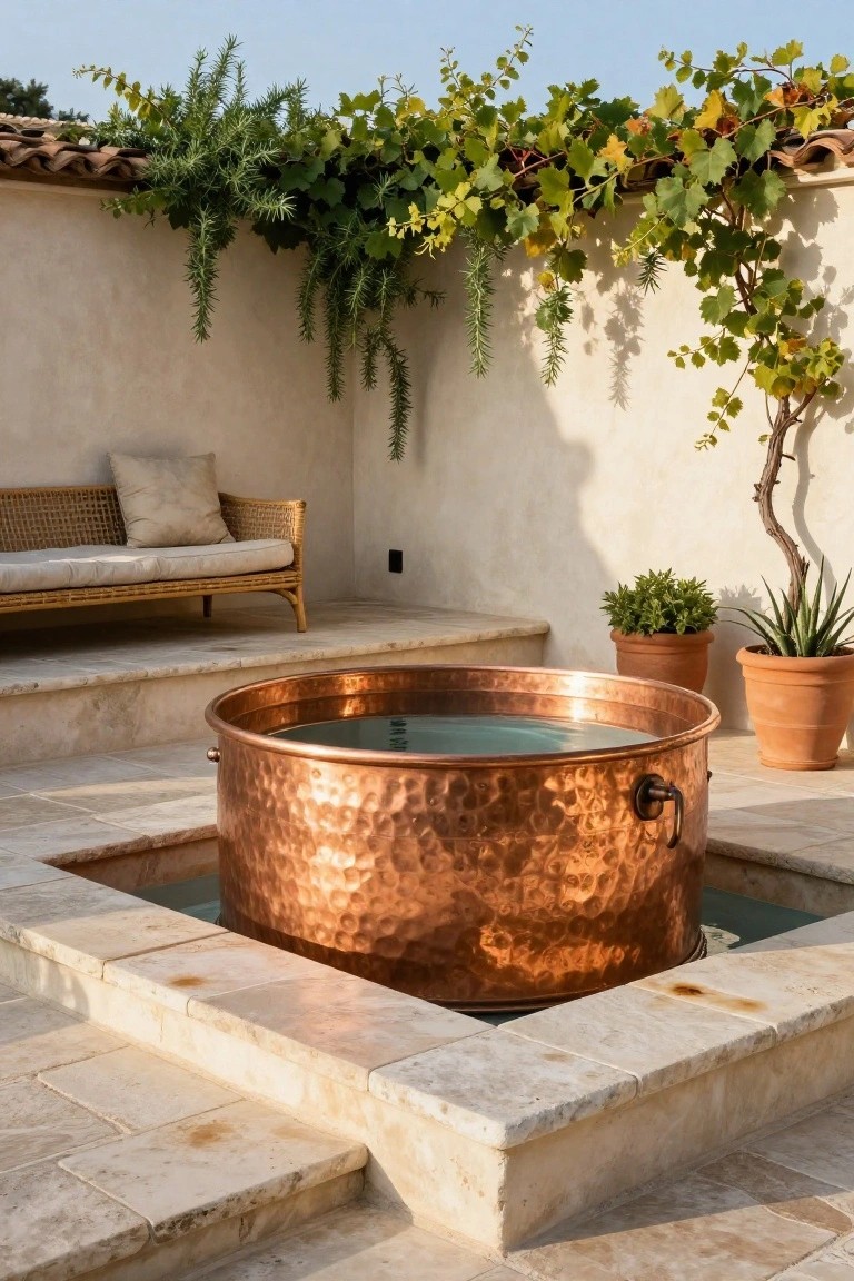 A large hammered copper tub filled with turquoise water sits embedded in beige stone terrace paving, surrounded by potted plants, climbing vines on a stucco wall, and a rattan bench with cushions.