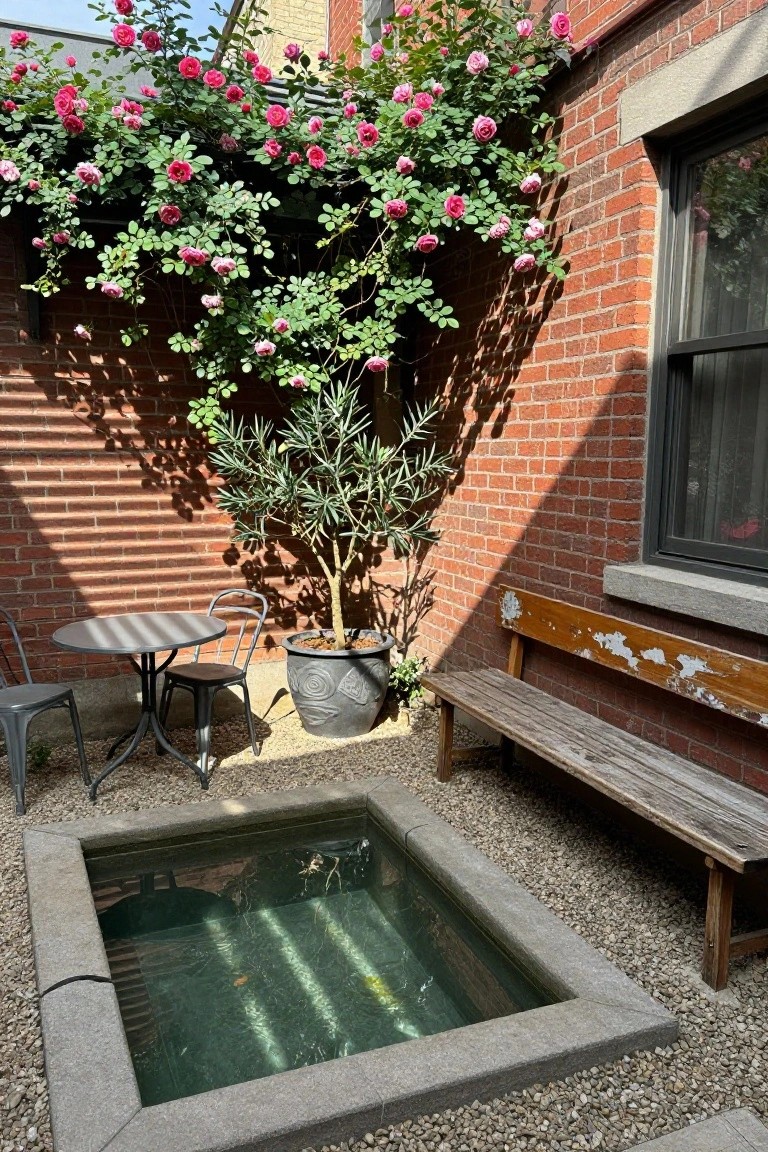 Small gravel courtyard featuring a shallow square stone pool with green water and a goldfish, metal bistro table and two chairs, wooden bench, potted olive tree, and pink climbing roses on brick walls with windows above.