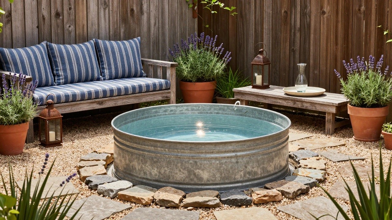 Galvanized stock tank pool centered in a backyard pea gravel area with irregular slate pavers, surrounded by potted lavender, grasses, and a wooden bench with blue striped cushions and pillows.