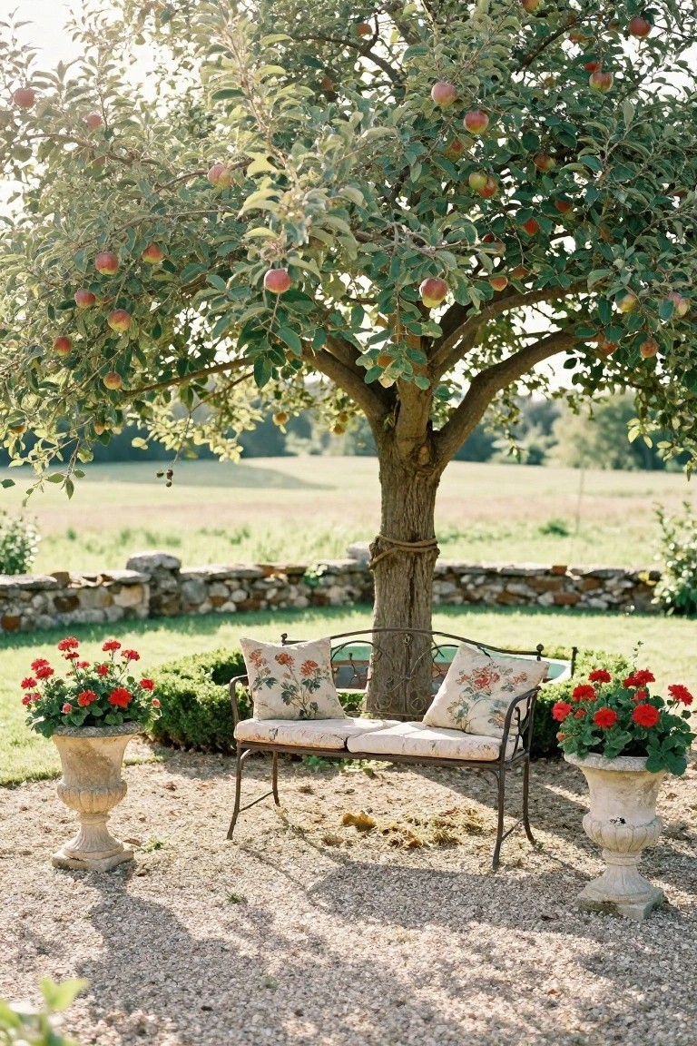 Wrought-iron bench with floral cushions under apple tree on gravel ground, flanked by two large terracotta pots of red geraniums, stone wall and green field in background.