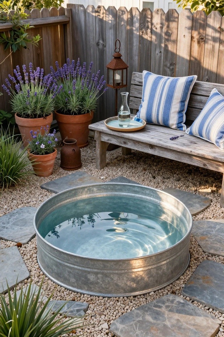 Galvanized stock tank pool centered in a backyard pea gravel area with irregular slate pavers, surrounded by potted lavender, grasses, and a wooden bench with blue striped cushions and pillows.