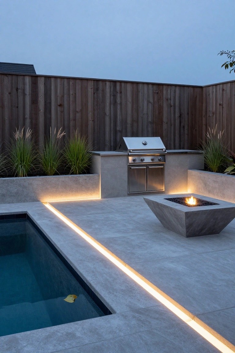 Dusk view of a modern backyard patio with small rectangular in-ground pool, linear LED strip lighting along pool and concrete paver edges, built-in stainless steel BBQ station in concrete counter with tall ornamental grasses in planters, square concrete fire pit with flames, wooden fence backdrop.