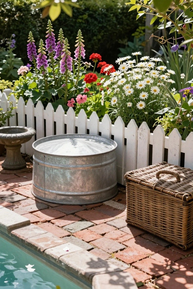 Galvanized metal stock tank used as a pool on a brick patio next to a white picket fence bordering a garden bed with purple foxgloves, white daisies, red geraniums, a stone birdbath, and a wicker basket.