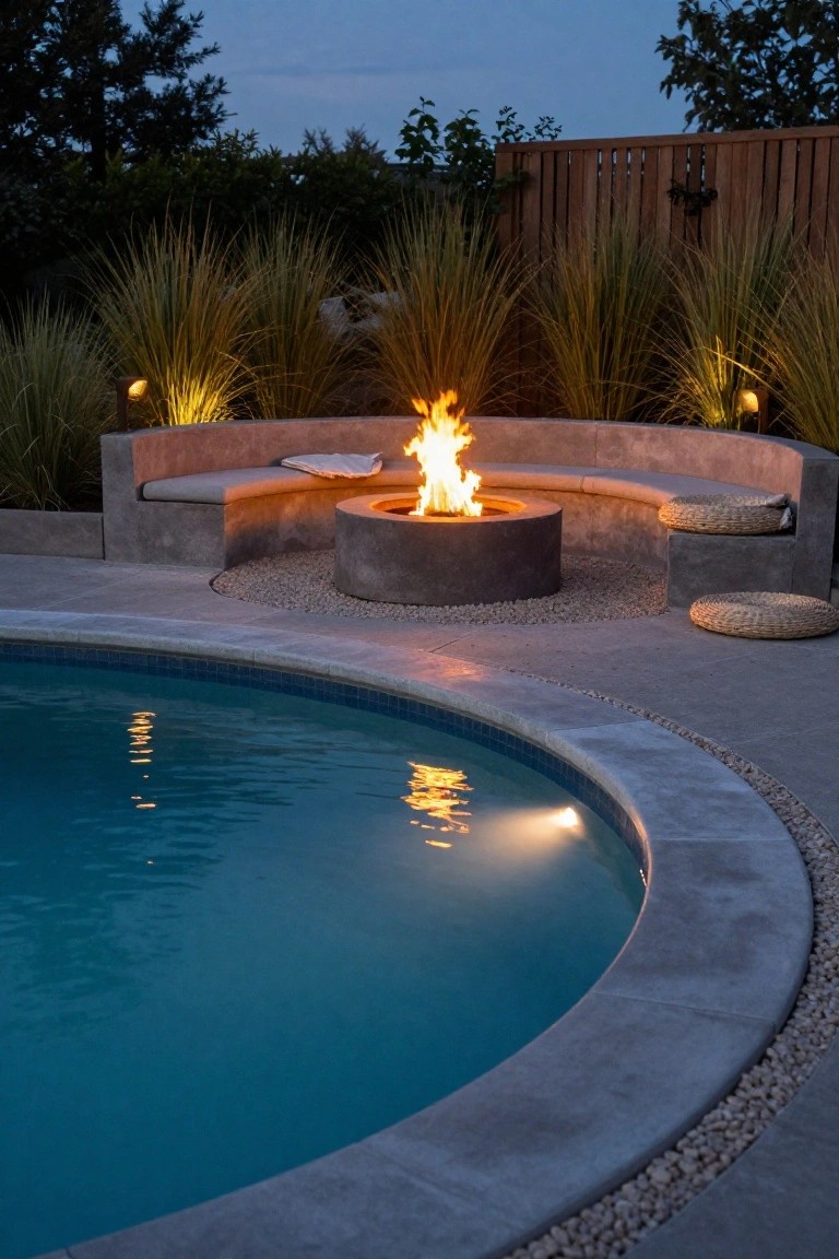 Curved concrete bench seating surrounding a round concrete fire pit next to an in-ground pool, with pampas grass, landscape lights, and a wooden fence in the background at dusk.