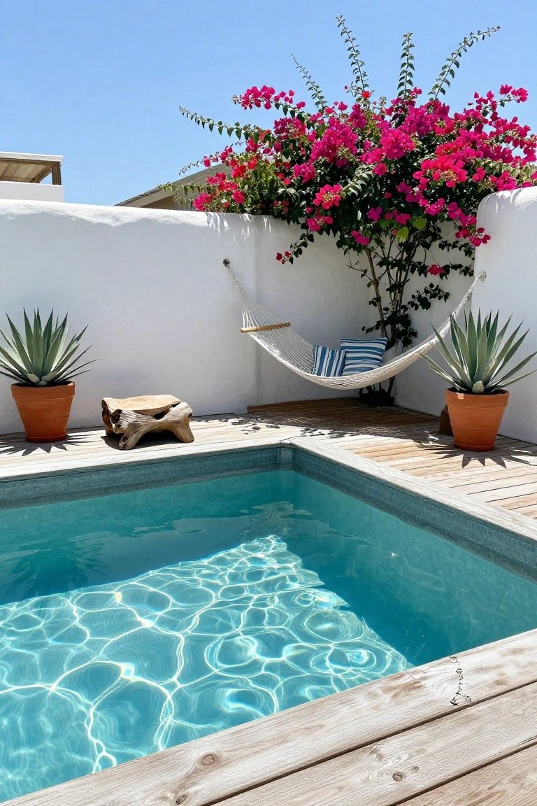 Small turquoise pool on wooden deck surrounded by white stucco walls covered in pink bougainvillea, with a white hammock strung in the corner holding blue striped pillows, two potted agave plants, and a driftwood stool nearby.