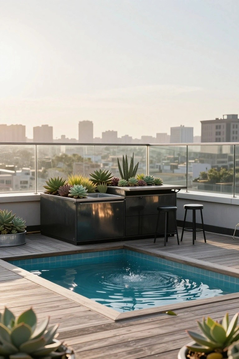 Rooftop deck with small square blue-tiled pool, wooden flooring, black metal rectangular planters overflowing with succulents like agaves and aloes, two black bar stools, glass railing, and distant city buildings at sunset.