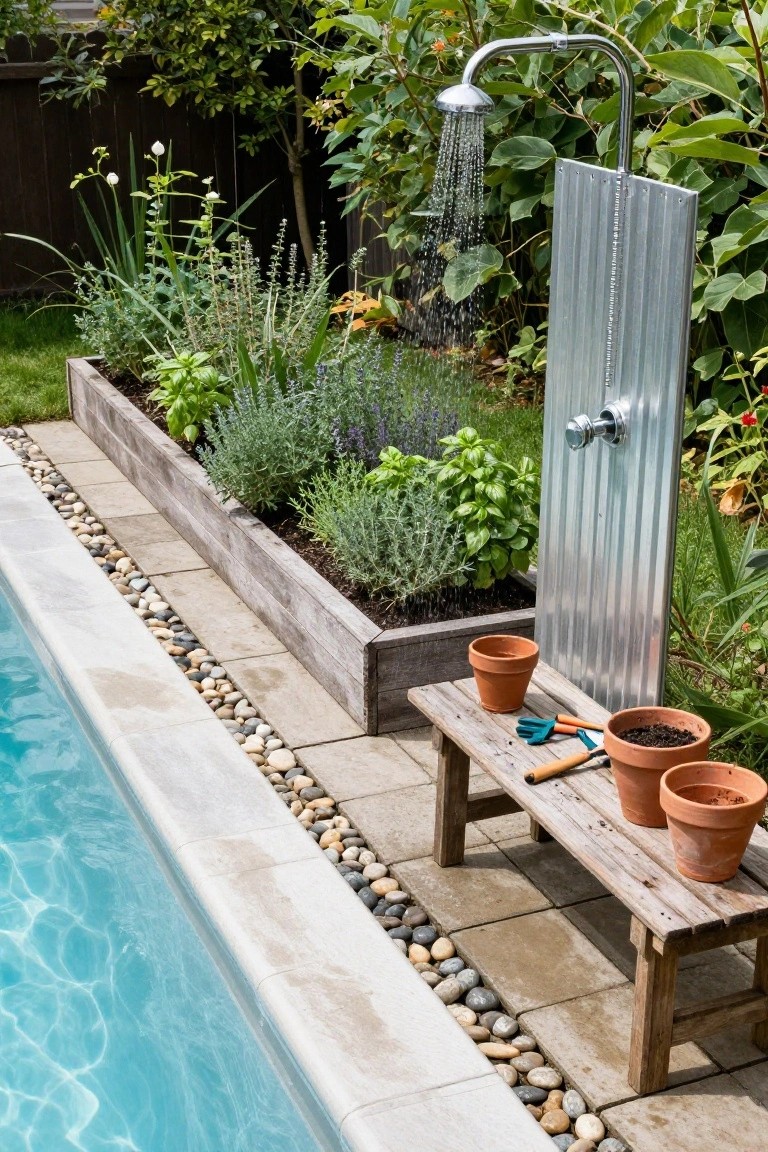 Outdoor shower with running water and corrugated metal privacy panel next to a turquoise stock tank pool, adjacent to raised wooden garden beds with herbs, terracotta pots and tools on a wooden bench, and pebble ground cover along the pool edge.
