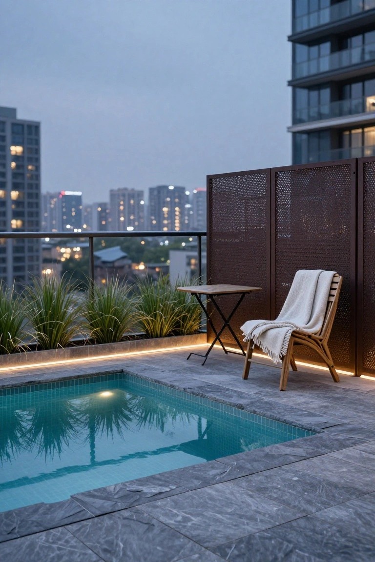Rooftop terrace with small turquoise-tiled pool edged by LED lights and linear planters of tall green grasses, wooden chair draped with white blanket on gray stone deck, rust-colored metal privacy screens, and city buildings in background at dusk.