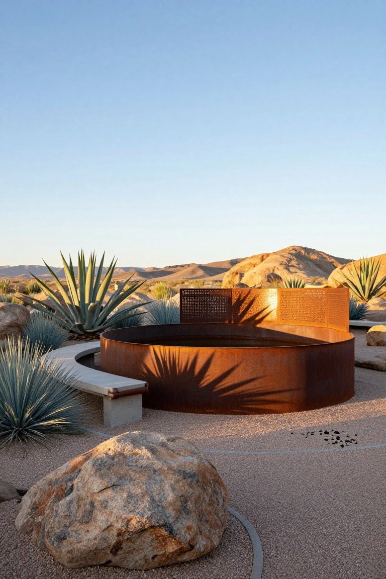 Circular rusted metal stock tank pool with curved concrete bench, surrounded by blue agave plants, large boulders, and gravel groundcover in a desert landscape with distant mountains.