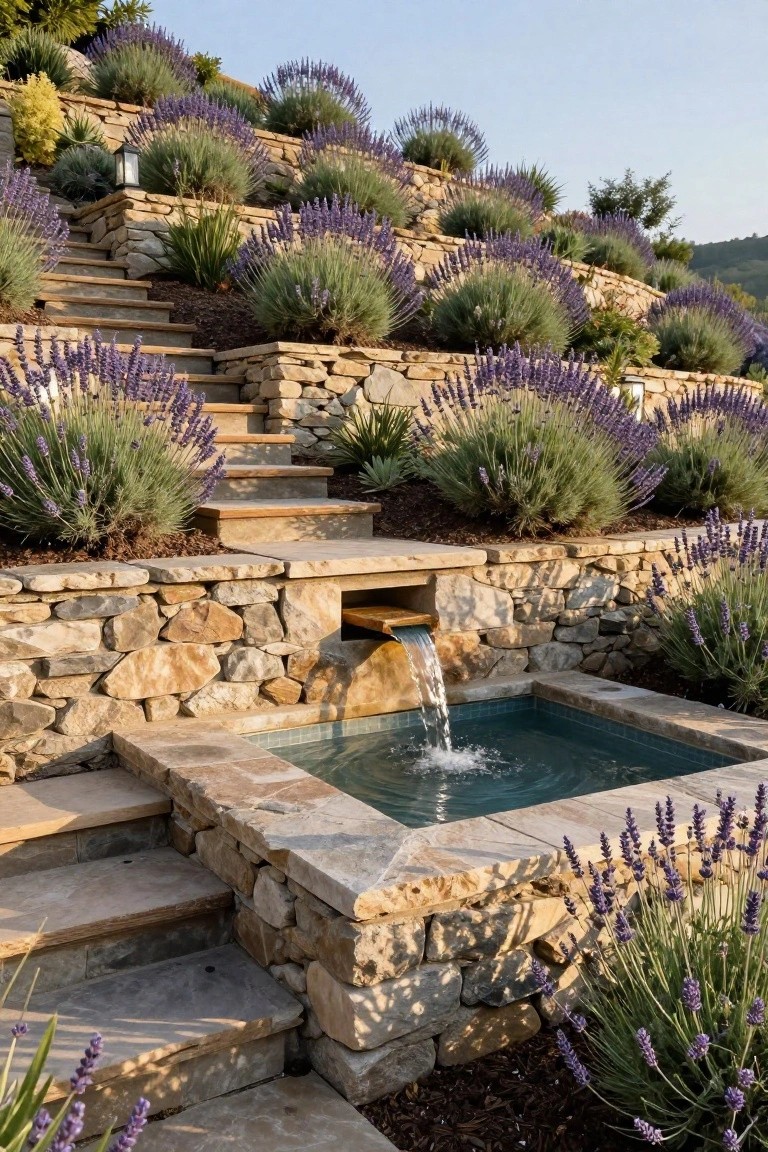 Terraced stone retaining walls planted densely with lavender bushes line steps descending to a small rectangular tiled pool fed by a cascading fountain from a stone spout.