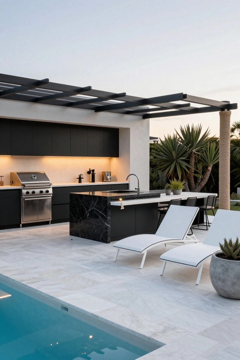 Outdoor kitchen featuring black cabinets, stainless steel grill, and black marble island on a white tiled deck next to a blue pool, under a black pergola with white loungers nearby.