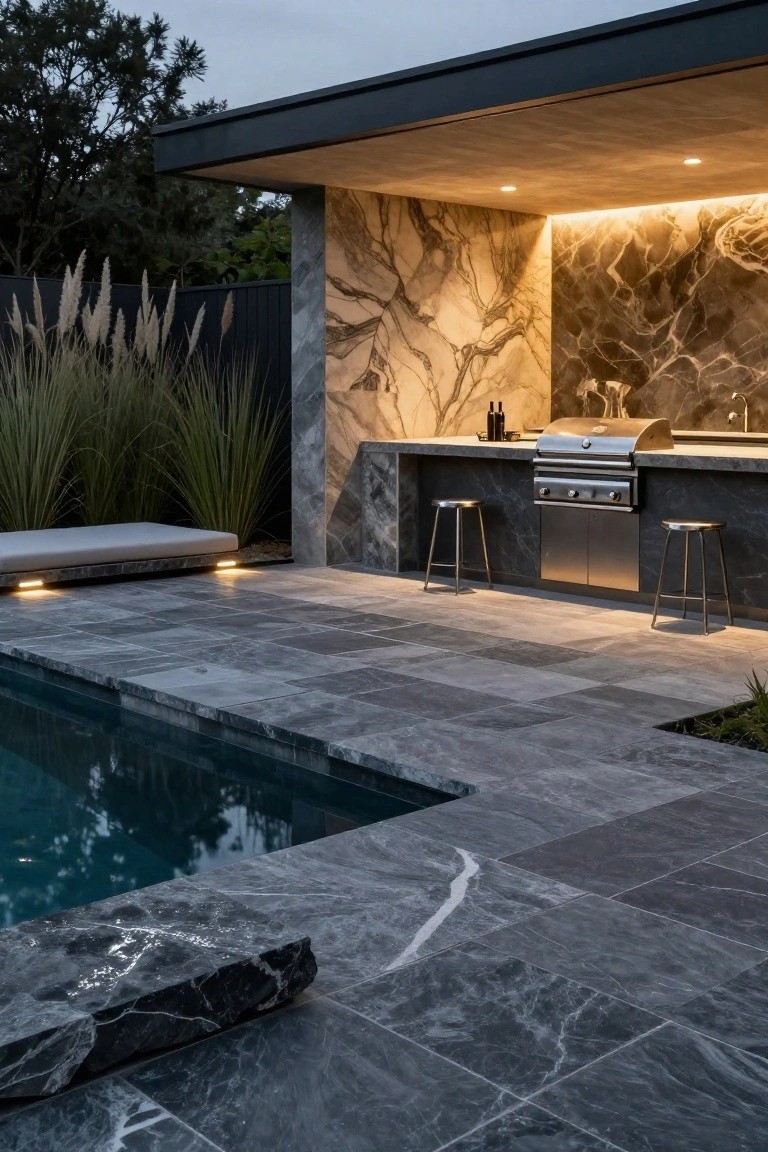 Outdoor pool deck paved in dark gray marble tiles edged with matching stone, featuring a built-in stainless steel grill on a marble countertop with two metal bar stools, veined marble wall backdrop, and tall ornamental grasses nearby at dusk.
