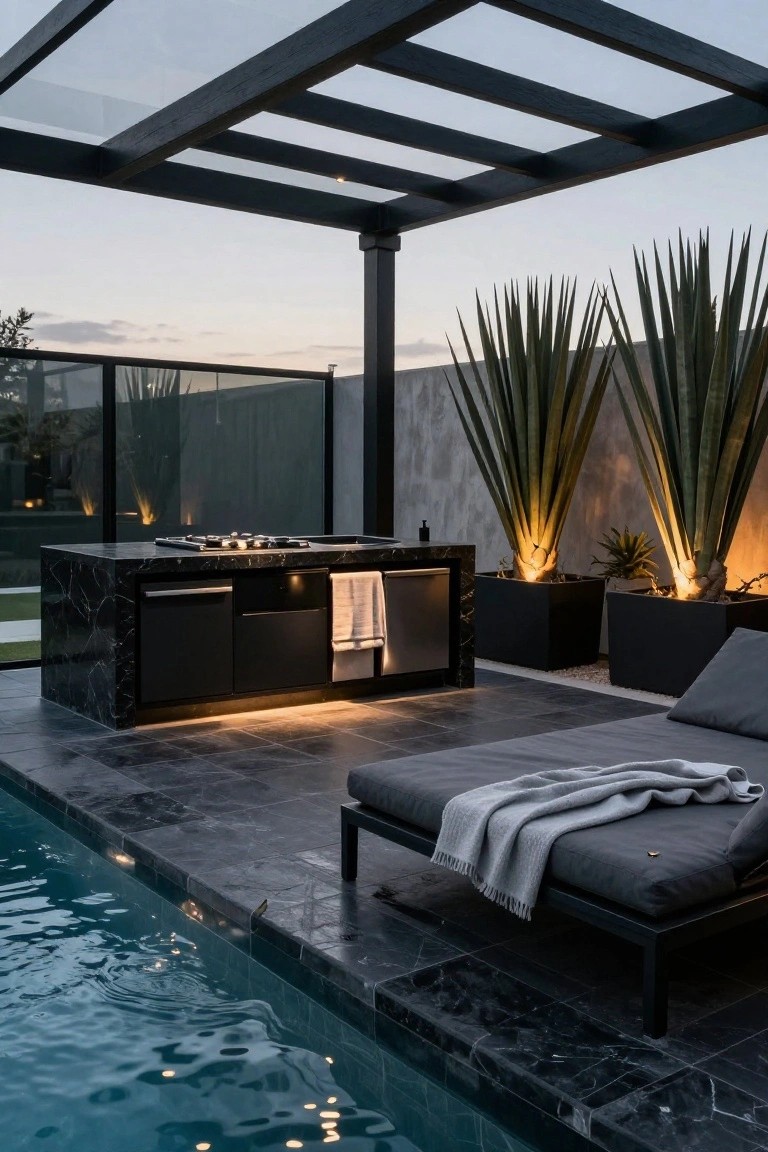 Modern outdoor kitchen island with black marble top, gas cooktop, dishwasher, and cabinets next to an in-ground pool edged in dark tiles, under a black steel pergola with potted agave plants and a black lounge chair on the deck at dusk.