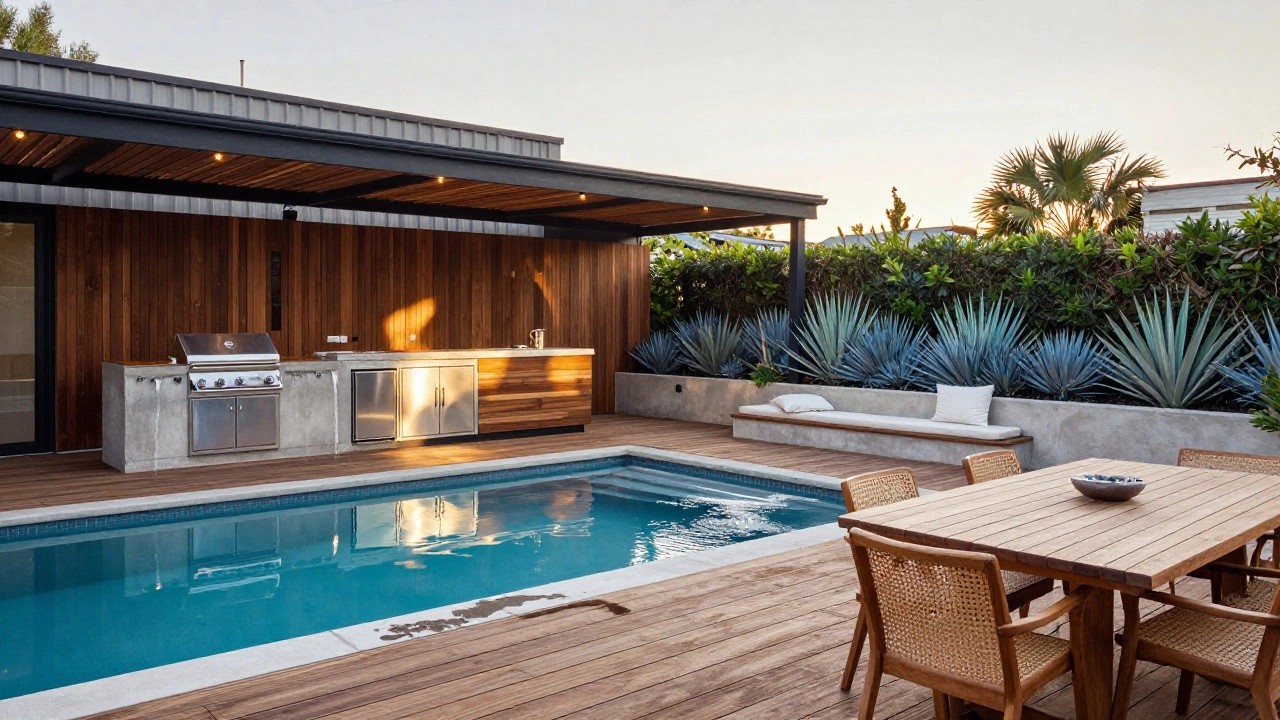 Outdoor kitchen with stainless steel grill, sink, wood cabinets on concrete planter base next to turquoise pool, wooden deck with teak dining table and chairs, agave plants along edge