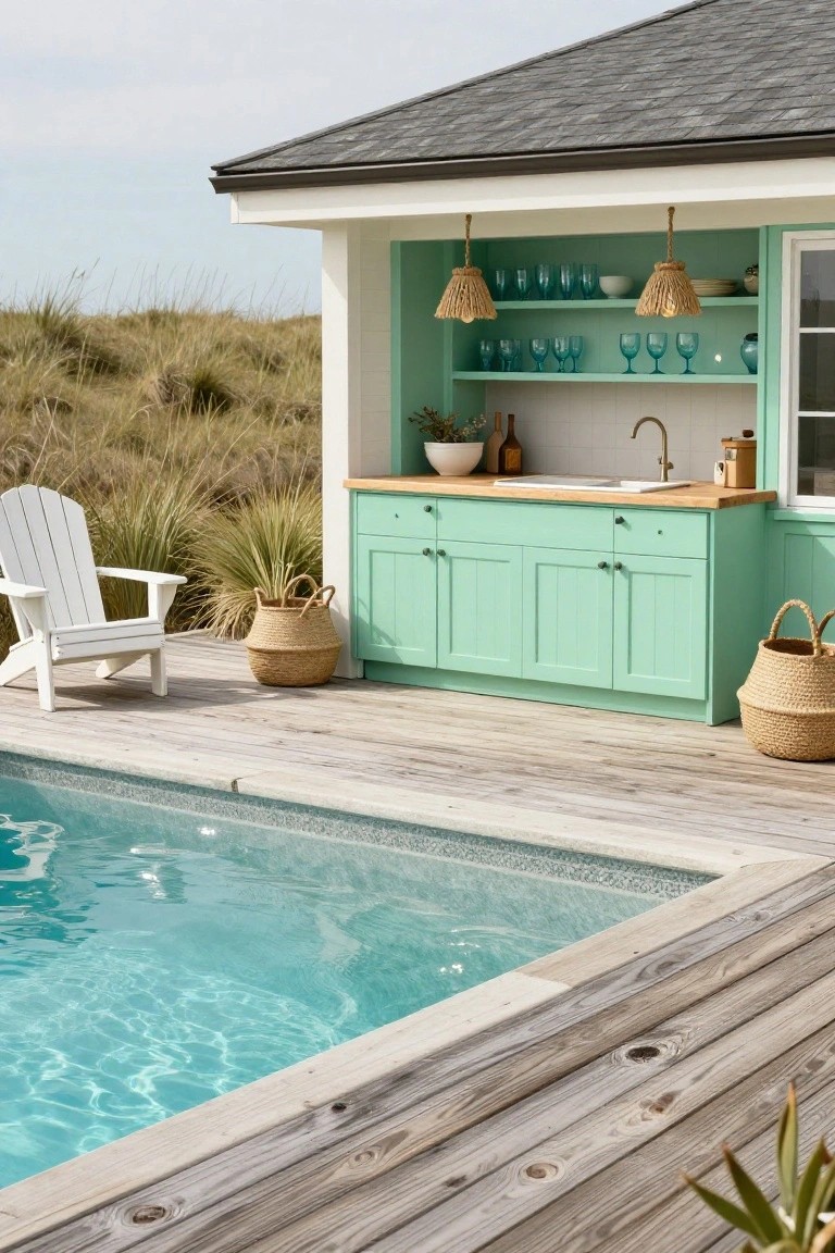 Mint green outdoor kitchen cabinets with sink, wood countertop, turquoise glassware on shelves, and rattan pendant lights under a shingled overhang beside a turquoise pool on a wooden deck with white Adirondack chair and beach grass.