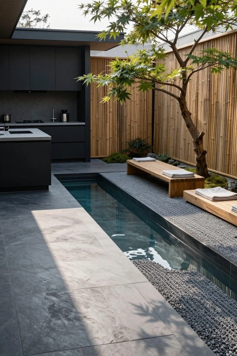 Modern black outdoor kitchen with concrete counters adjacent to a narrow rectangular pool, flanked by raked gravel, wooden benches with white cushions, bamboo fencing, and a Japanese maple tree.
