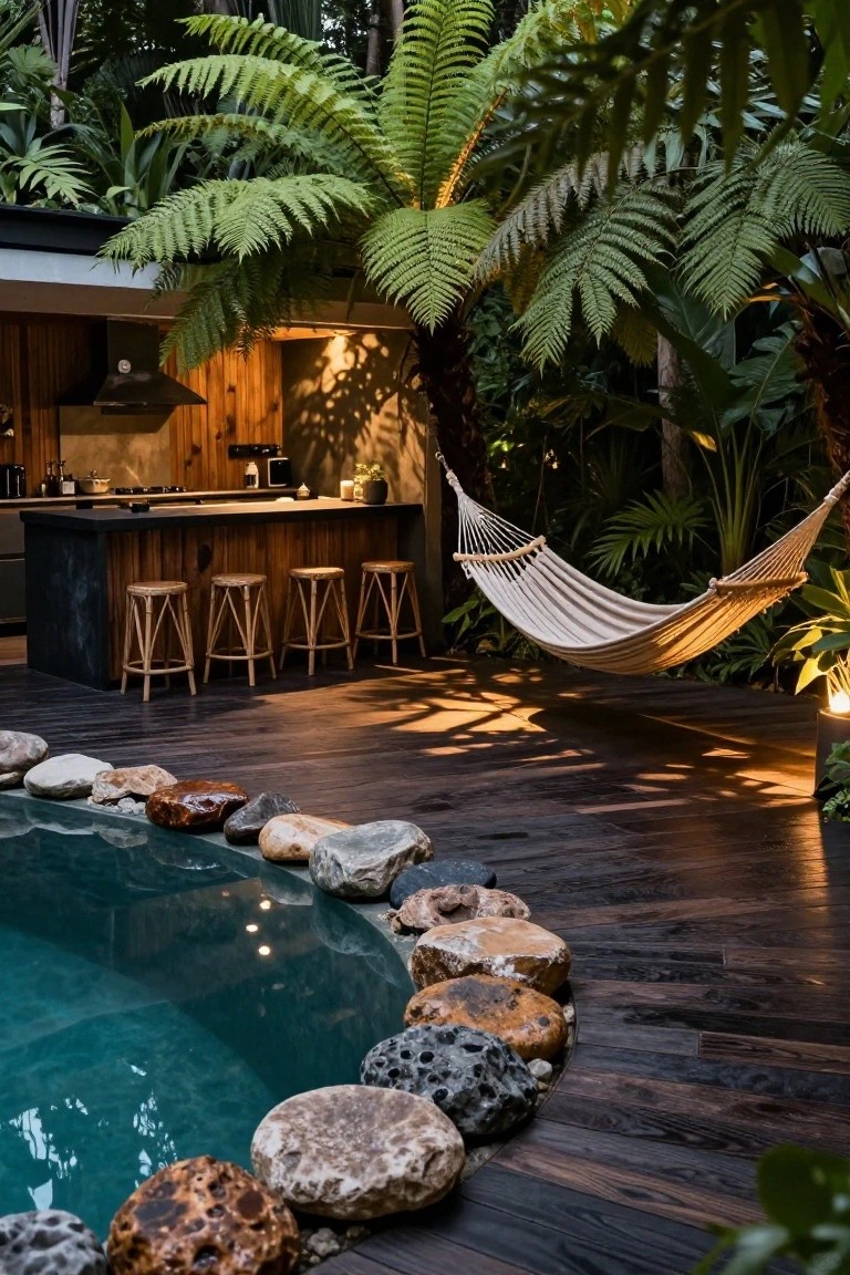 Curved turquoise pool edged with varied natural rocks and boulders on a dark wooden deck adjacent to a wooden outdoor kitchen bar with rattan stools, a white hammock nearby, and surrounding tropical plants.