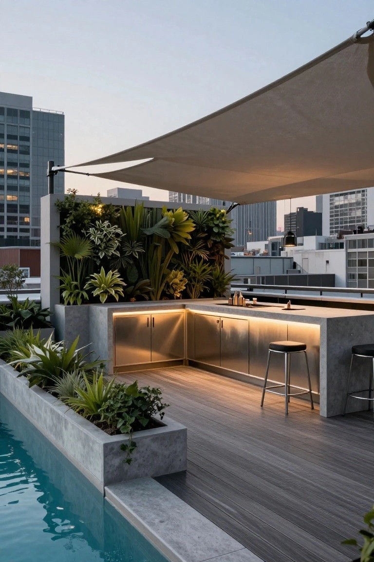 Rooftop deck with sleek concrete outdoor kitchen bar featuring stainless steel cabinets and stools next to a rectangular pool, lush green plant walls, beige shade sail overhead, and city skyline at dusk.