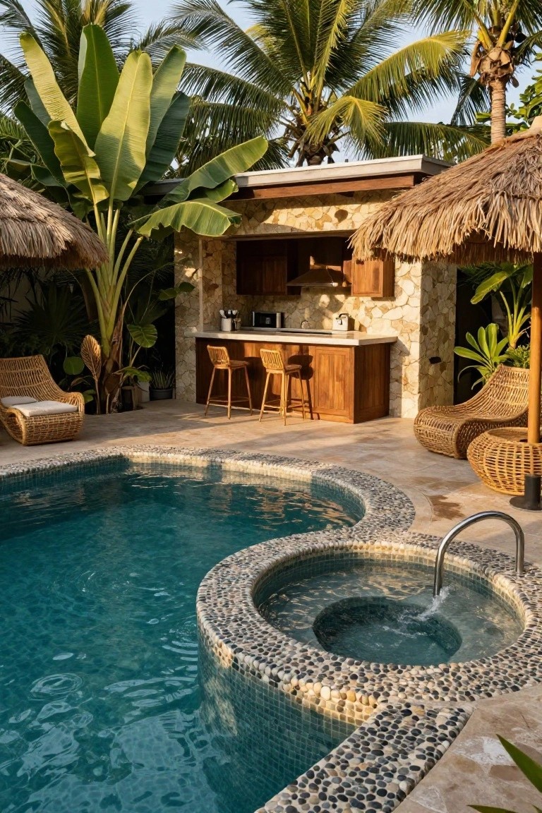 Outdoor kitchen bar with wooden cabinets, stone countertop, and rattan bar stools positioned next to a curved turquoise pool with pebble mosaic edges and integrated jacuzzi, surrounded by tropical plants, palms, and thatched structures.