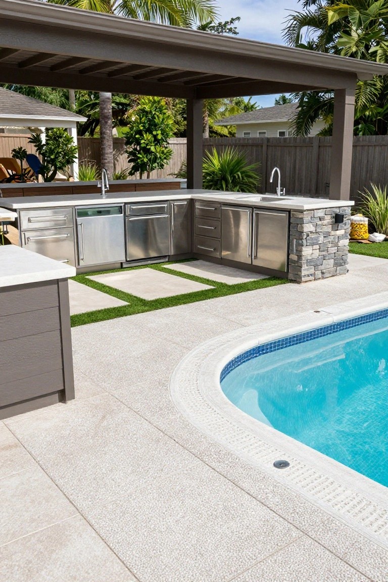 L-shaped outdoor kitchen with stainless steel cabinets, dishwasher, and sink under a wooden pergola, positioned next to a curved pool edge on a light pebble deck with green turf inserts and surrounding tropical plants.