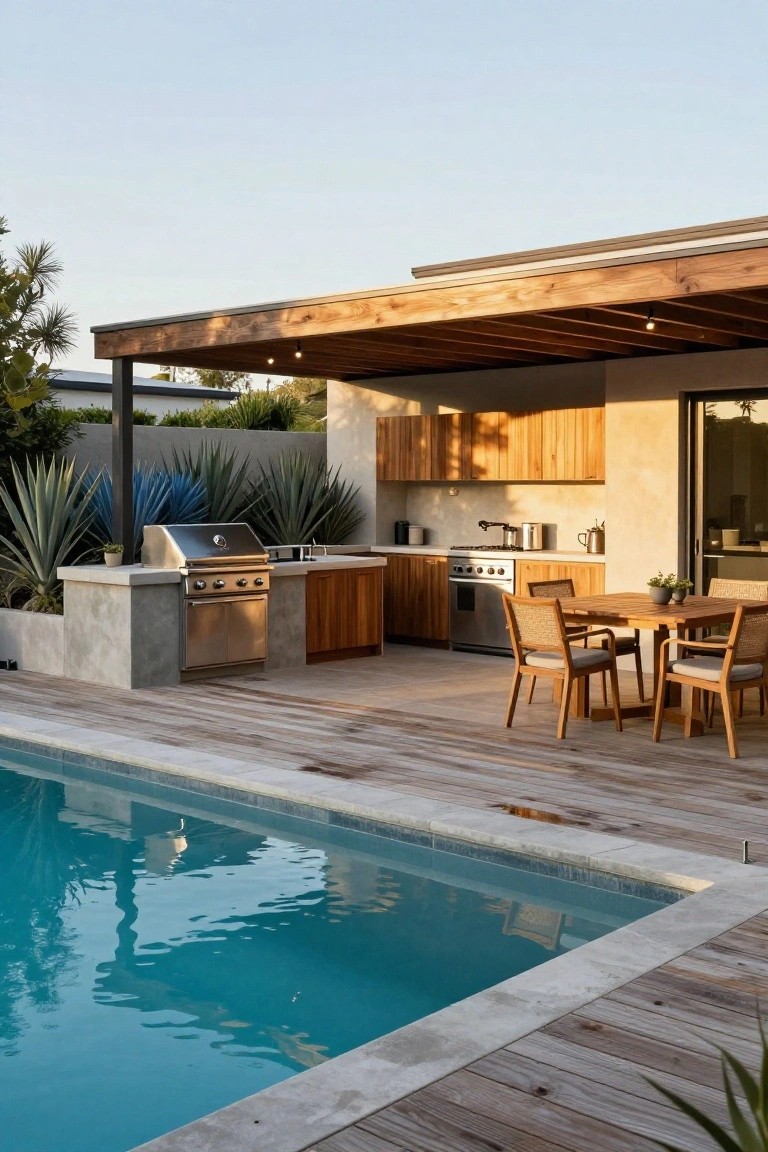 Outdoor kitchen with stainless steel grill, sink, wood cabinets on concrete planter base next to turquoise pool, wooden deck with teak dining table and chairs, agave plants along edge