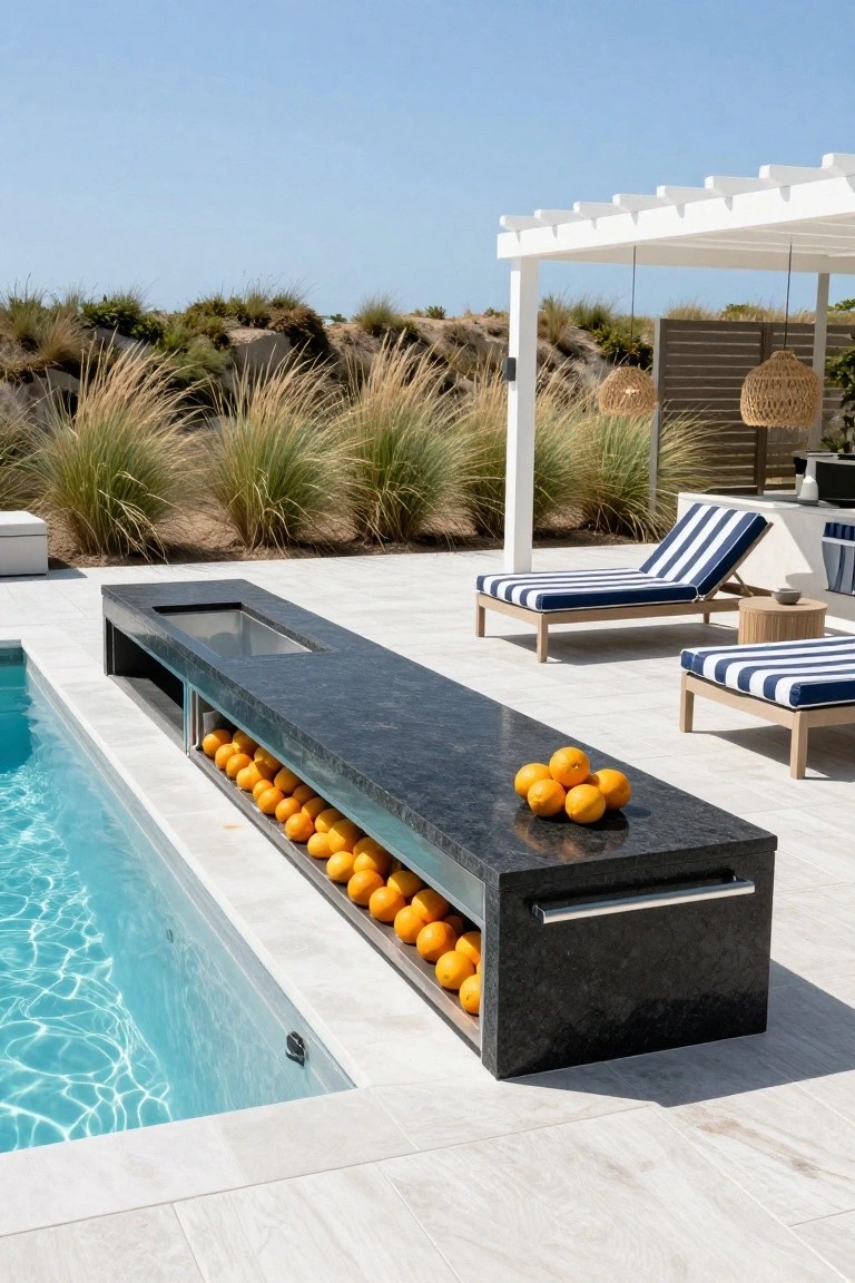 Black granite counter integrated into a pool deck edge with a stainless steel sink and drawers filled with oranges, blue striped lounge chairs nearby under a white pergola with beach grass landscaping.