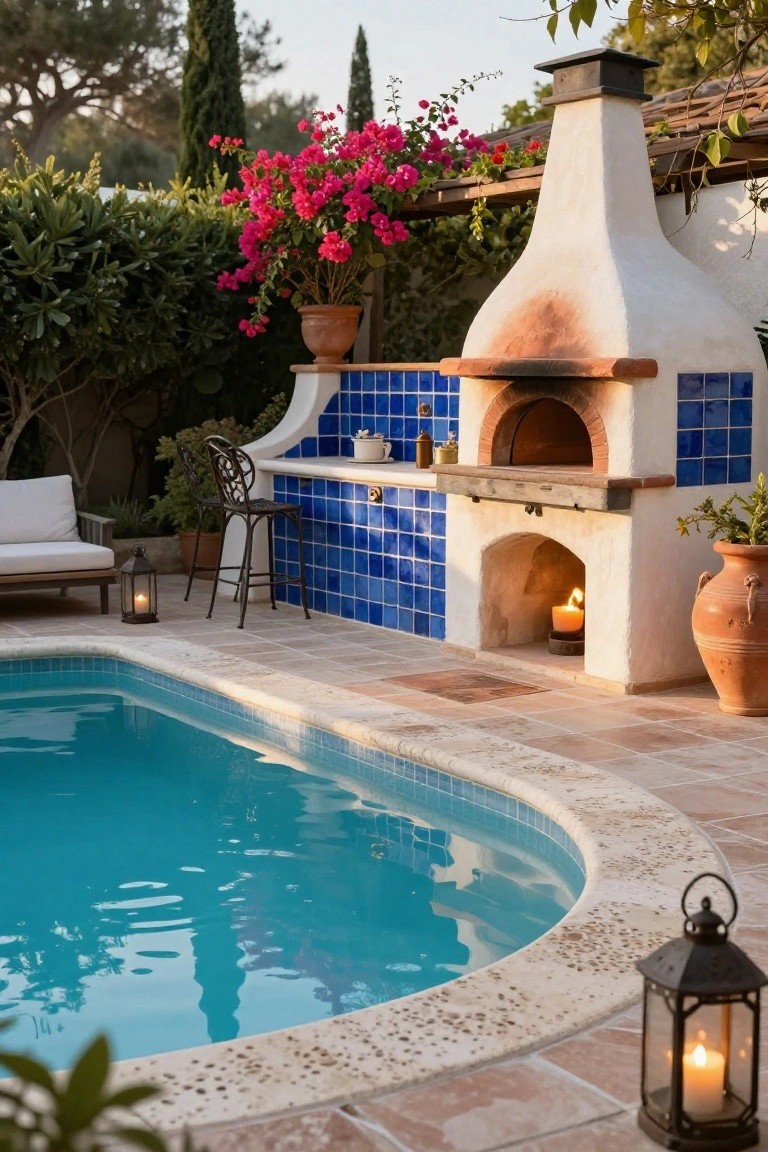 Poolside outdoor kitchen with white stucco wood-fired pizza oven, blue tiled countertop and backsplash, two bar stools, lanterns, potted plants, and greenery next to a turquoise pool on terracotta decking.