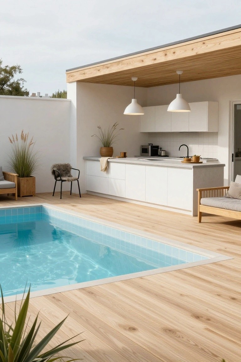 Modern outdoor kitchen with white cabinets, black faucet, toaster, and pendant lights on a wooden deck adjacent to a light blue tiled pool, with wooden lounge chairs, potted plants, and grasses nearby.