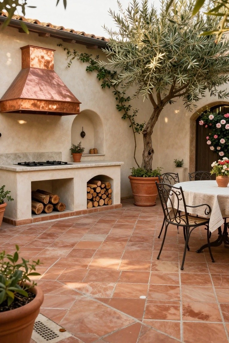 Outdoor kitchen built into a light stucco wall with copper range hood over gas burners, open firewood storage below, terracotta tile floor, potted plants, olive tree, and small round table with iron chairs in a sunny courtyard.
