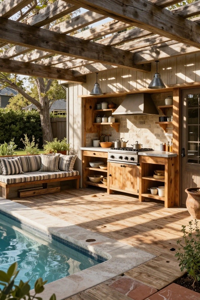 Wooden pergola covering an outdoor kitchen with wood cabinets, gas stove, stone backsplash, and built-in bench seating adjacent to a small pool on a deck.