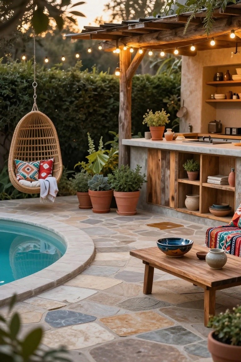 Curved turquoise pool deck with adjacent outdoor kitchen featuring concrete countertop, wood cabinets and shelving, hanging wicker egg chair, potted plants, low wooden table with cushions and bowls, under wooden pergola with string lights, surrounded by greenery.