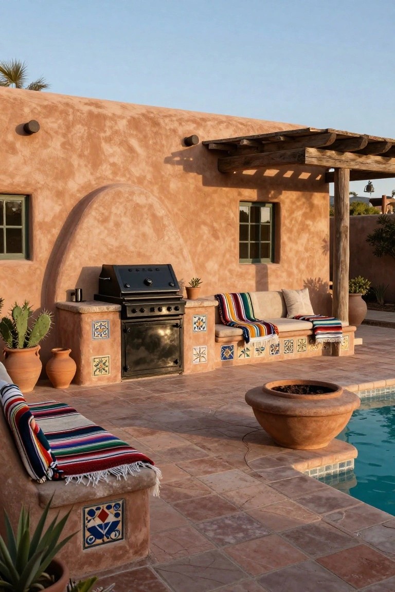 Adobe-style wall with built-in black gas grill, colorful patterned tile accents on counters and bench base, bench seating draped with striped blankets, potted cacti, terracotta pots, fire bowl, and edge of turquoise pool on terracotta-tiled deck.
