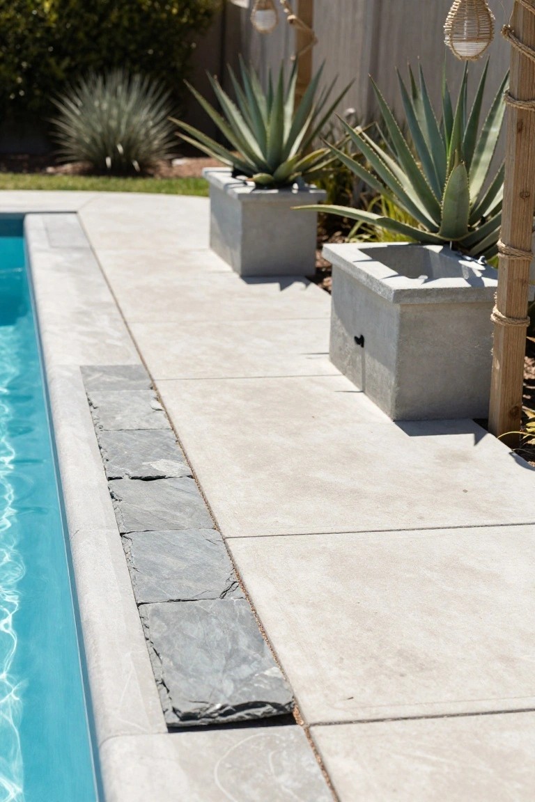 Close-up view of an inground pool edge featuring dark slate tiles inset into light gray concrete decking, with gray concrete planters holding agave plants and bamboo poles with hanging lanterns nearby.