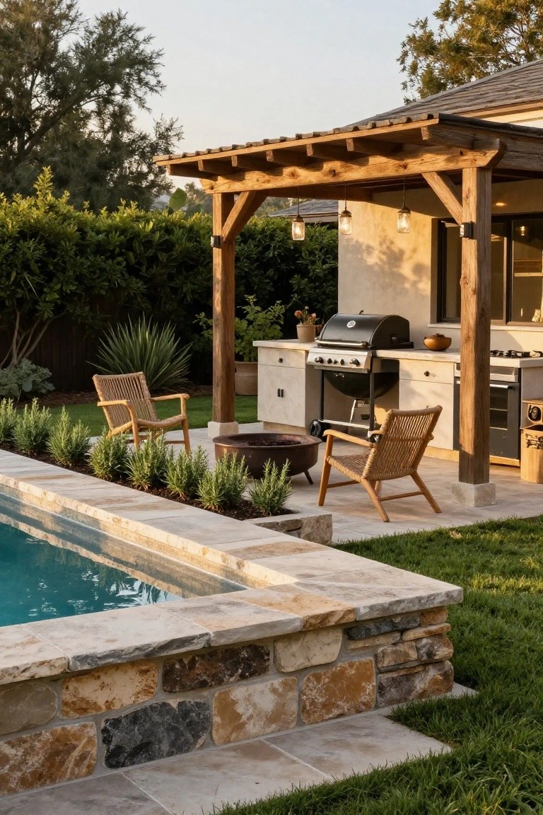 Wooden pergola covering an outdoor kitchen with black gas grill, sink, cabinets, and wood-fired oven adjacent to inground pool edge, with rattan chairs around copper fire pit along stone pool coping and grass yard.