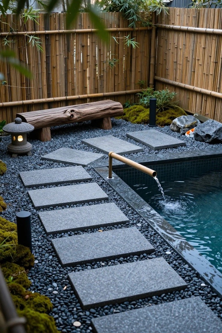 Small rectangular inground pool with turquoise water and black tile edge, water pouring from a horizontal bamboo spout mounted on the side, surrounded by dark gravel ground cover, large gray stone slab stepping path, bamboo fence enclosure, stone lantern, wooden bench, moss patches, rocks, and plants.