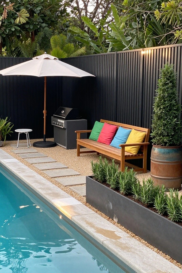 Poolside area with a wooden bench covered in multicolored cushions, black barbecue grill, beige umbrella, white stool, stepping stones, gravel ground, black fence, potted rosemary plants, and inground pool edge.