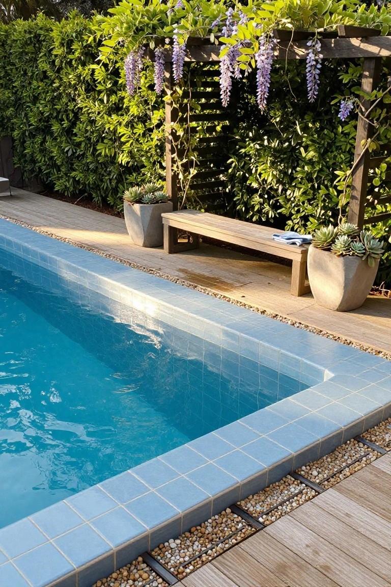Inground pool with light blue tiled edges bordered by pebbles and wooden deck, wooden bench on deck flanked by potted succulents and agave, wisteria-covered pergola and green hedge in background.