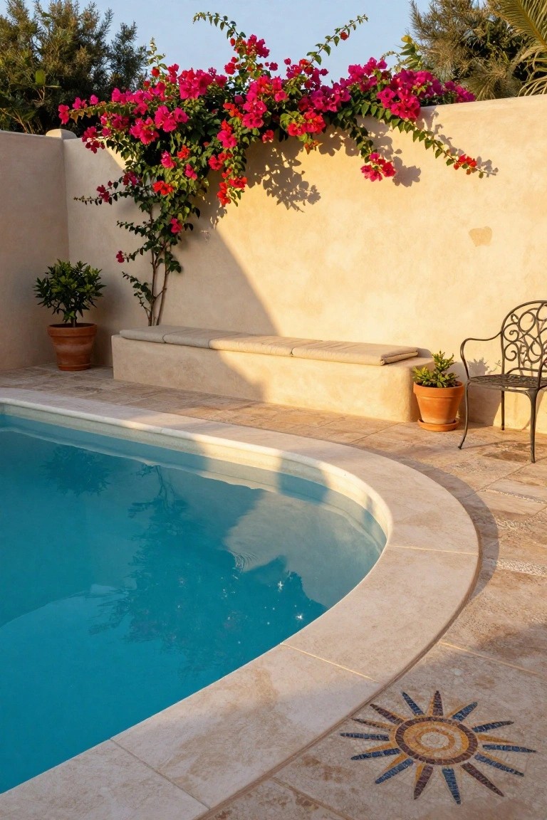 Curved turquoise inground pool with beige stone edging and paving, built-in cushioned bench on adjacent tan wall covered in pink bougainvillea vines, potted plants, black wrought iron chair, and yellow sun mosaic tile on the deck.